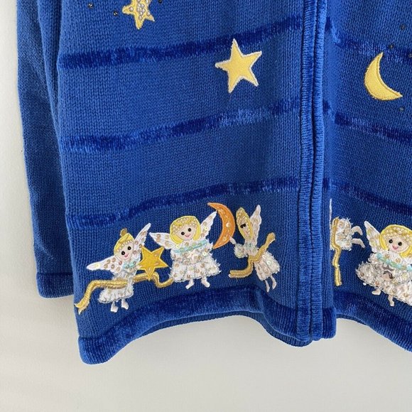 Vtg Quacker Factory Blue Embellished Full Zip Boucle Trim Angel Sweater - Picture 5 of 7